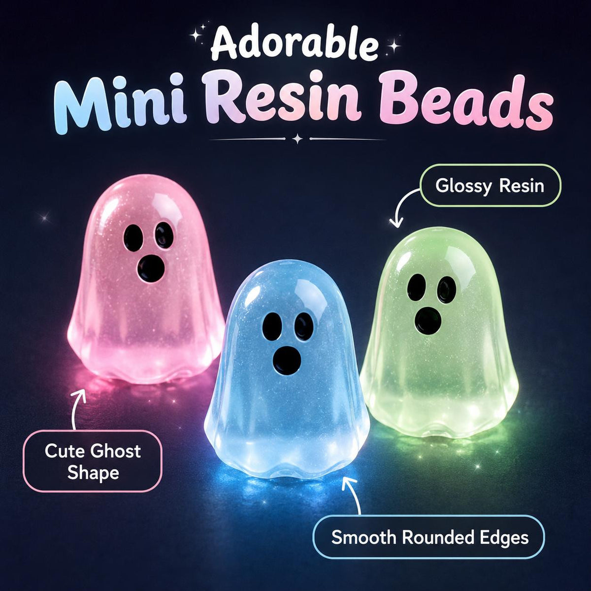 Glow In Dark Cute Ghost Resin Bead Set (10pcs, Assorted Colors)